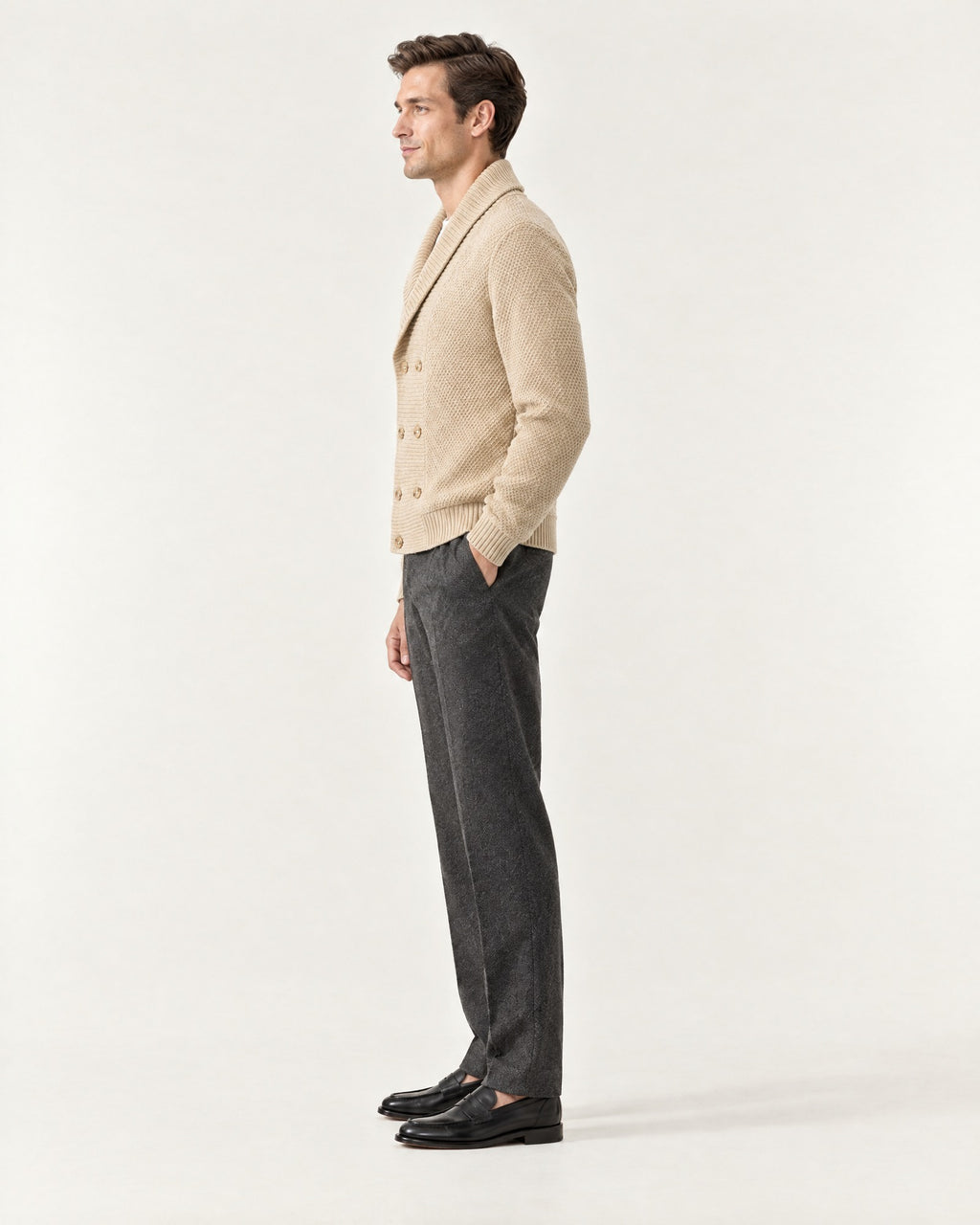 Lérins Double-Breasted Cardigan in Oat – on model, side view
