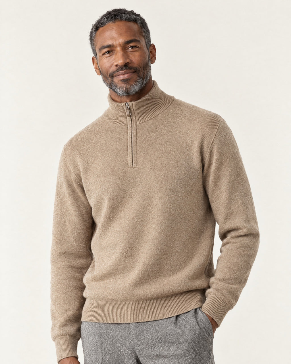 Menton Relaxed Quarter-Zip in Camel – on model, close-up