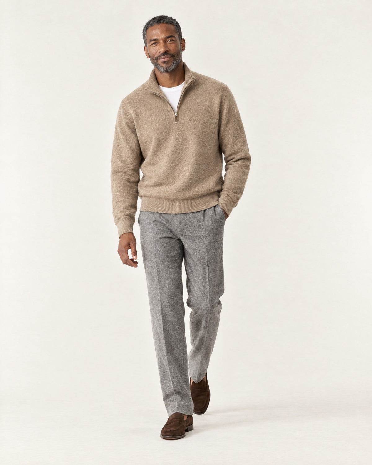 Menton Relaxed Quarter-Zip in Camel – on model, worn open