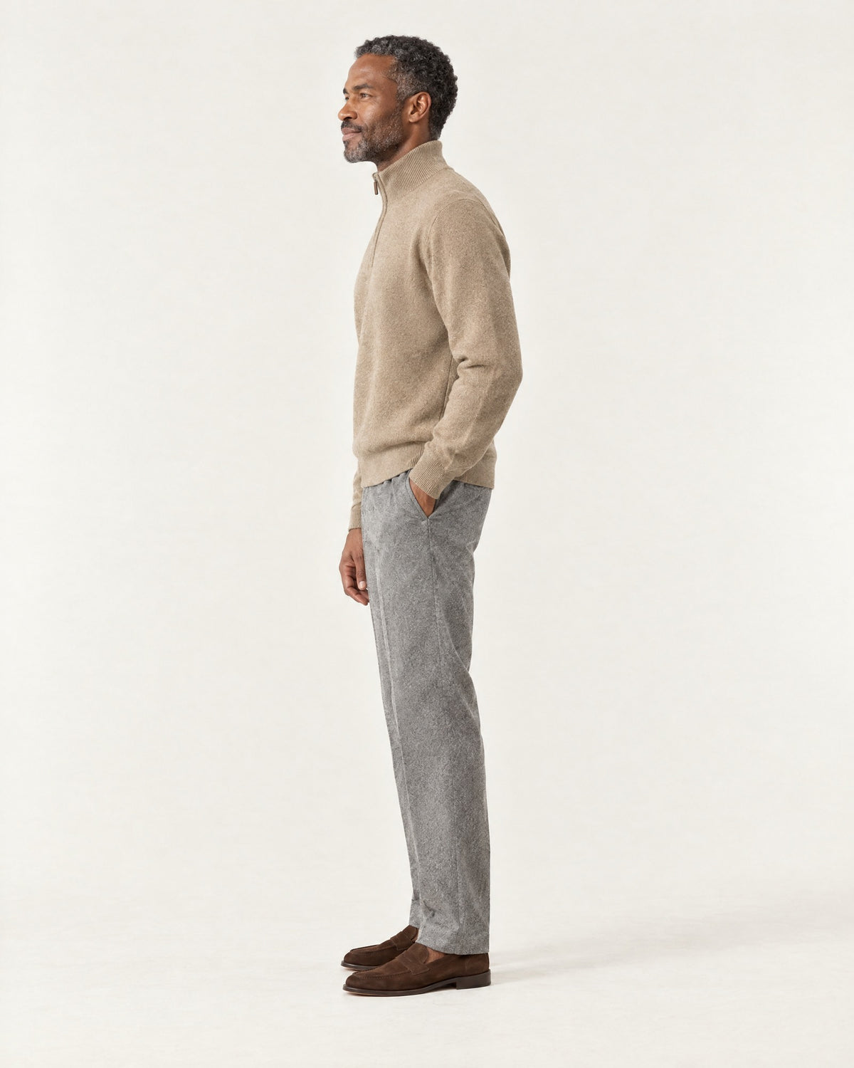 Menton Relaxed Quarter-Zip in Camel – on model, side view