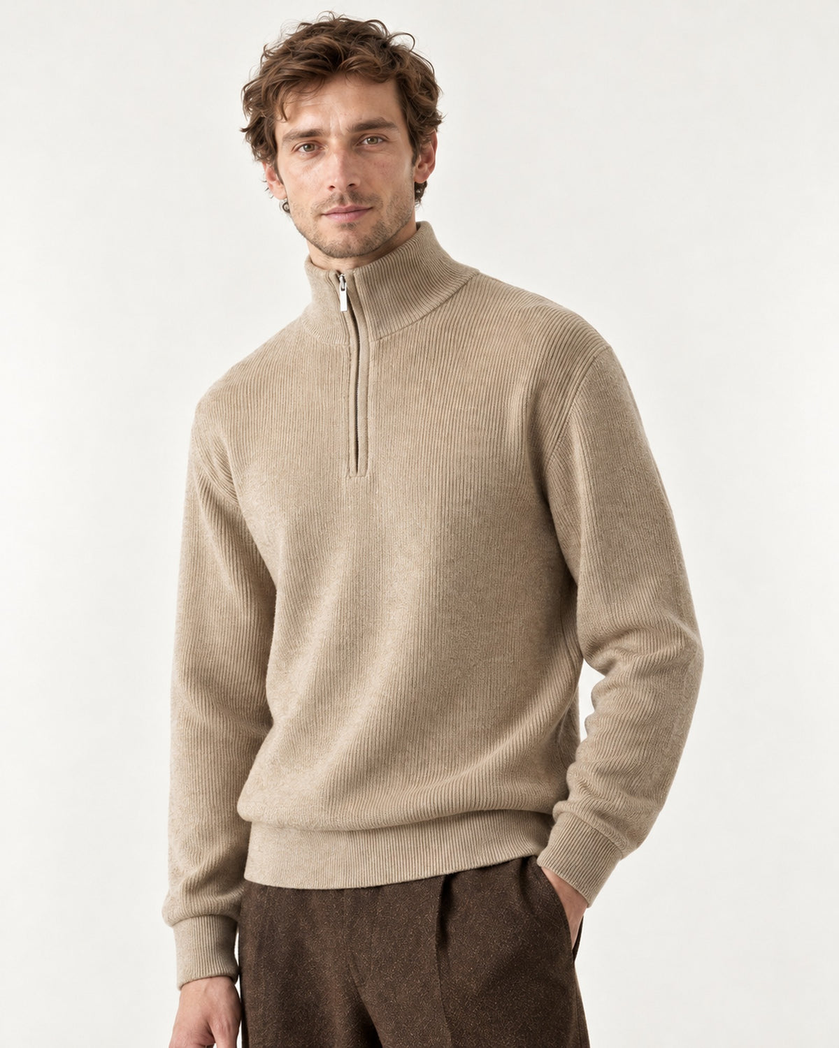 Menton Quarter-Zip Sweater in Sand – on model, close-up