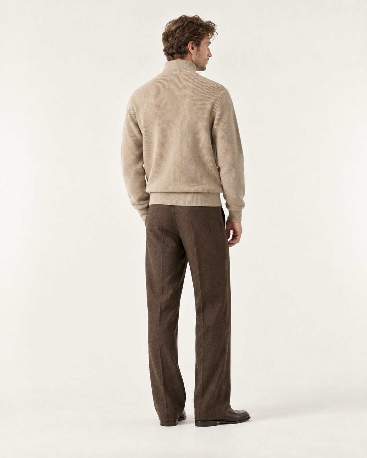Menton Quarter-Zip Sweater in Sand – on model, back view