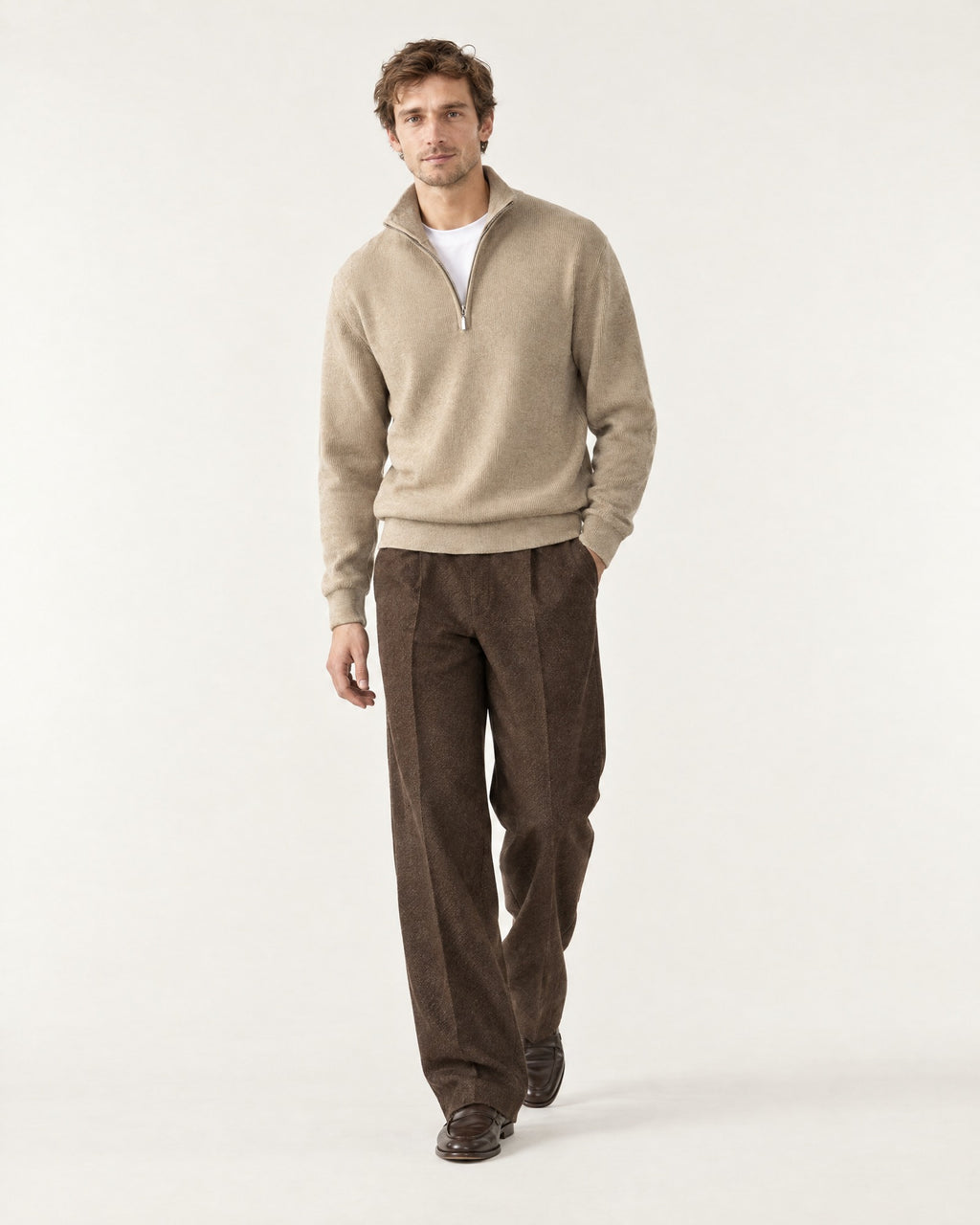 Menton Quarter-Zip Sweater in Sand – on model, worn open