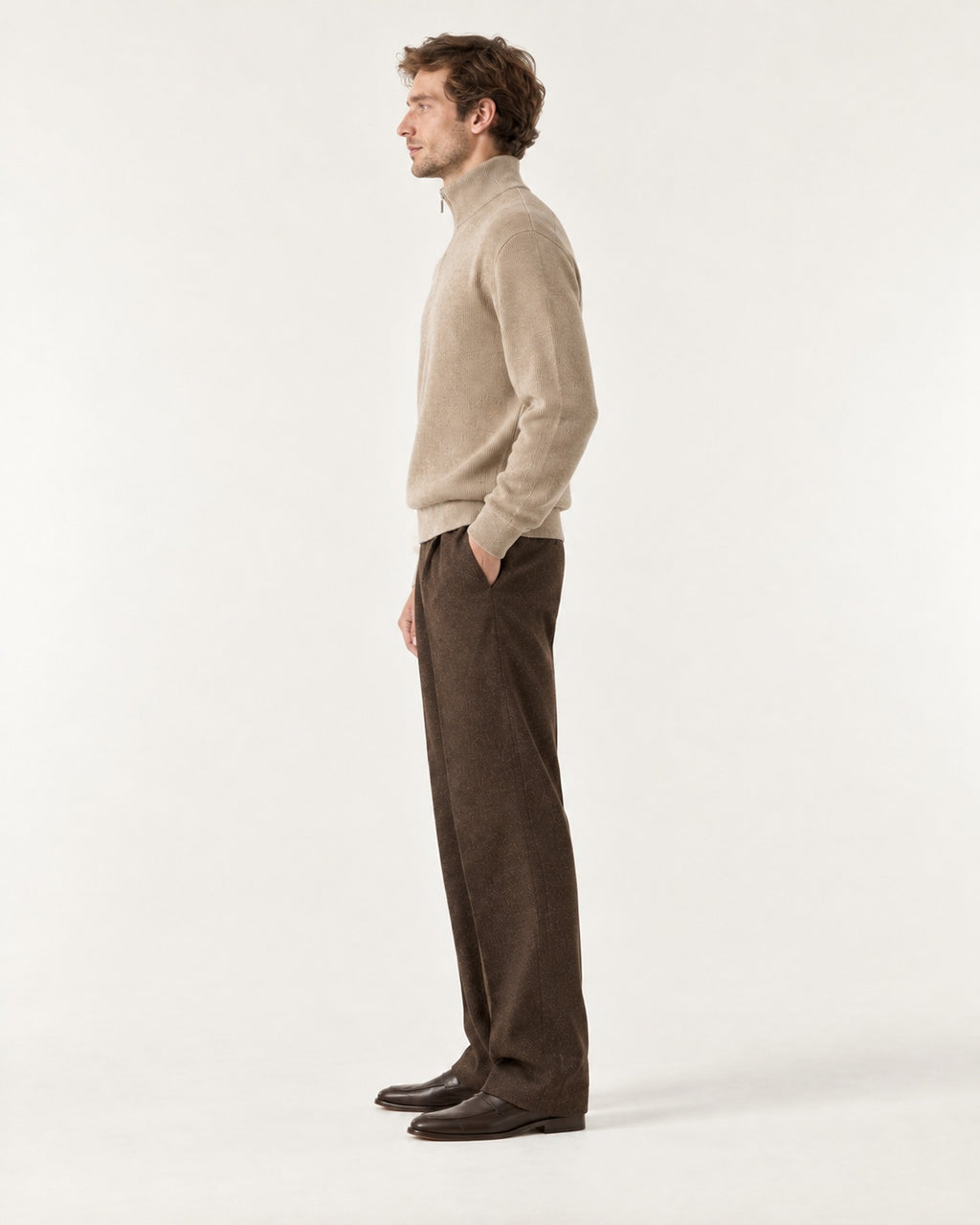 Menton Quarter-Zip Sweater in Sand – on model, side view