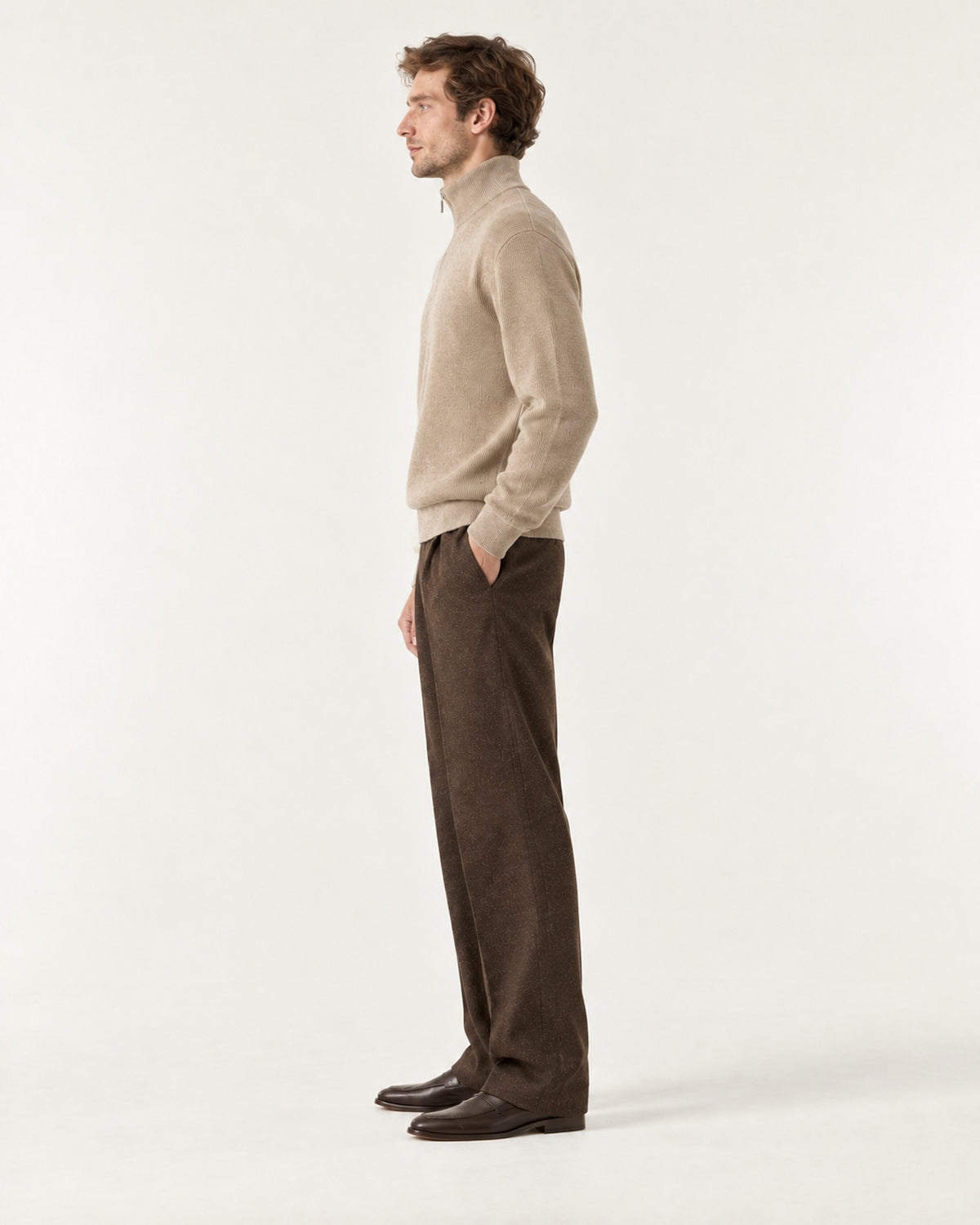 Menton Quarter-Zip Sweater in Sand – on model, side view