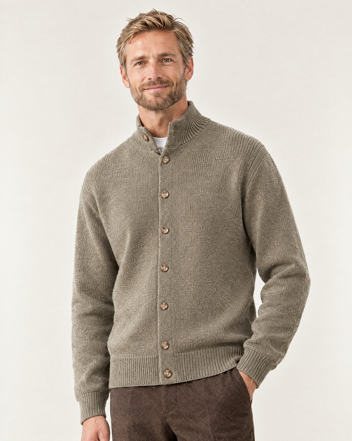 Mercantour Knit Jacket in Khaki – on model, close-up
