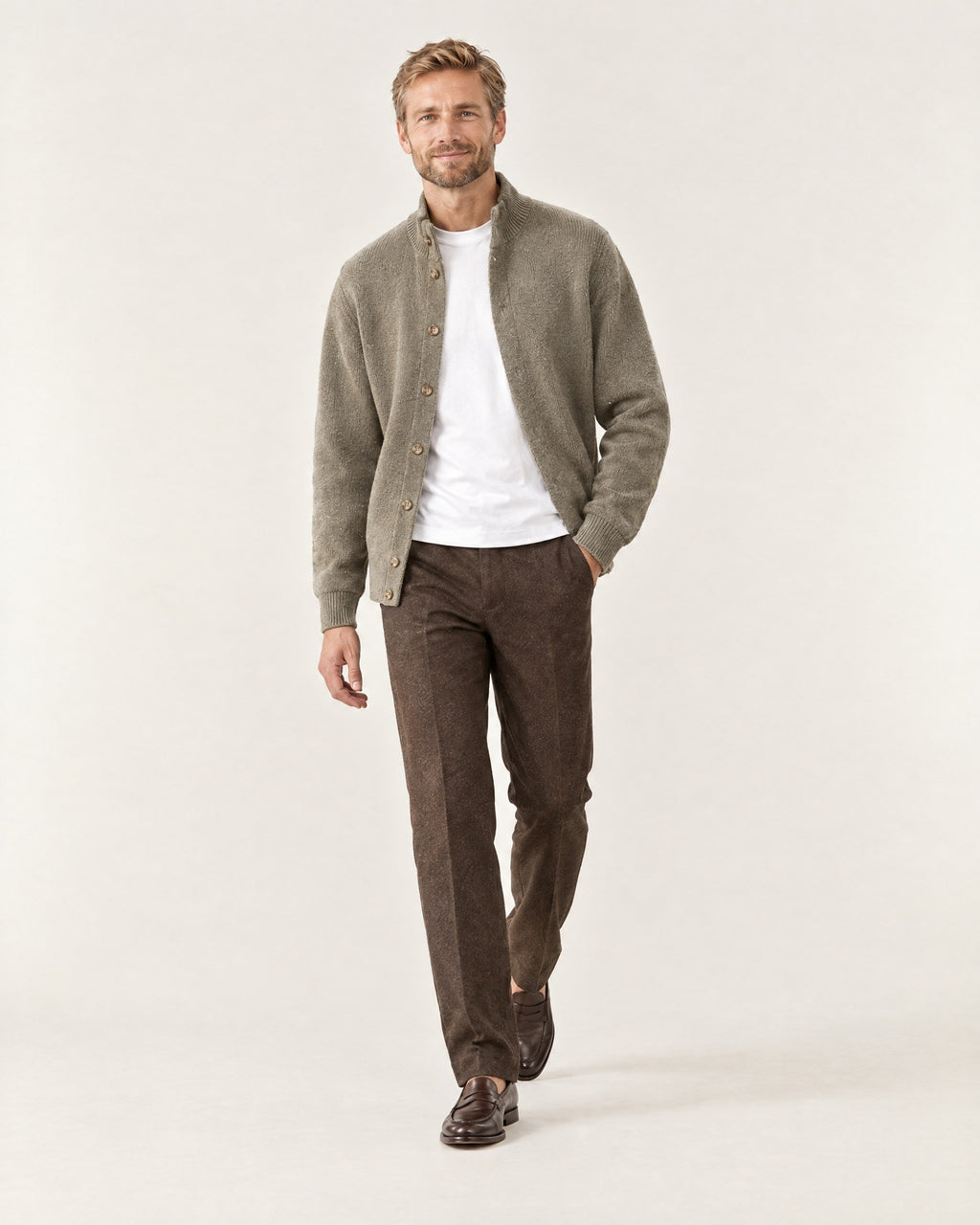 Mercantour Knit Jacket in Khaki – on model, worn open