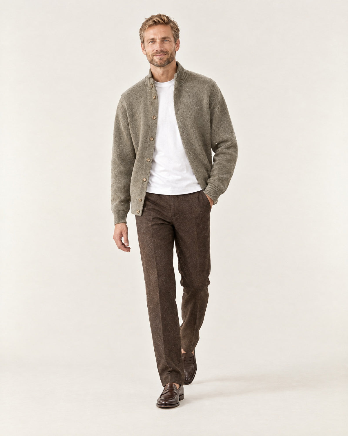 Mercantour Knit Jacket in Khaki – on model, worn open