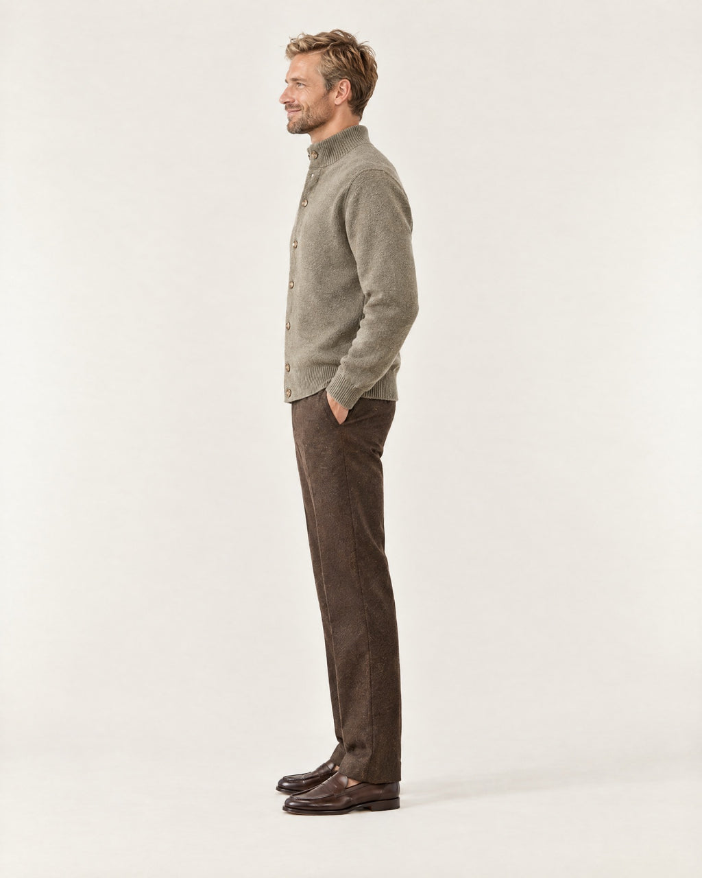 Mercantour Knit Jacket in Khaki – on model, side view