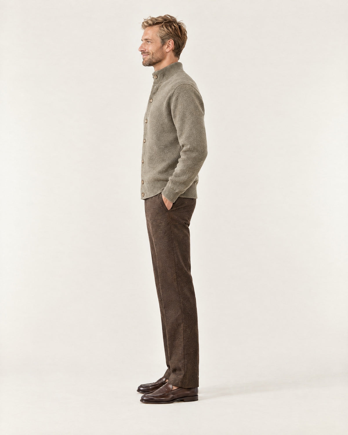 Mercantour Knit Jacket in Khaki – on model, side view