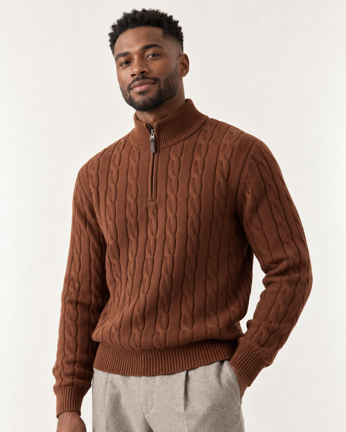 Mistral Cable Quarter-Zip in Cognac – on model, close-up