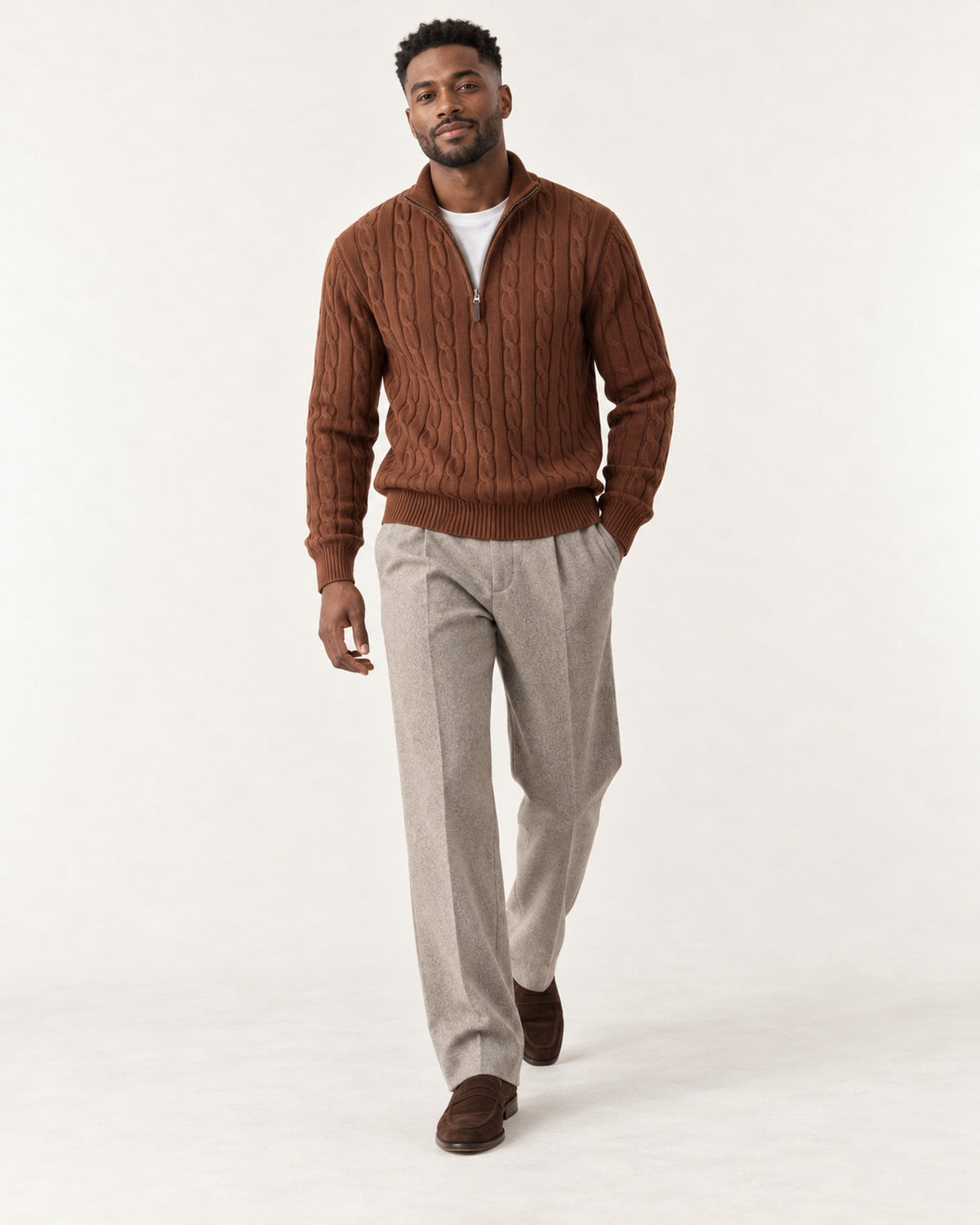 Mistral Cable Quarter-Zip in Cognac – on model, worn open