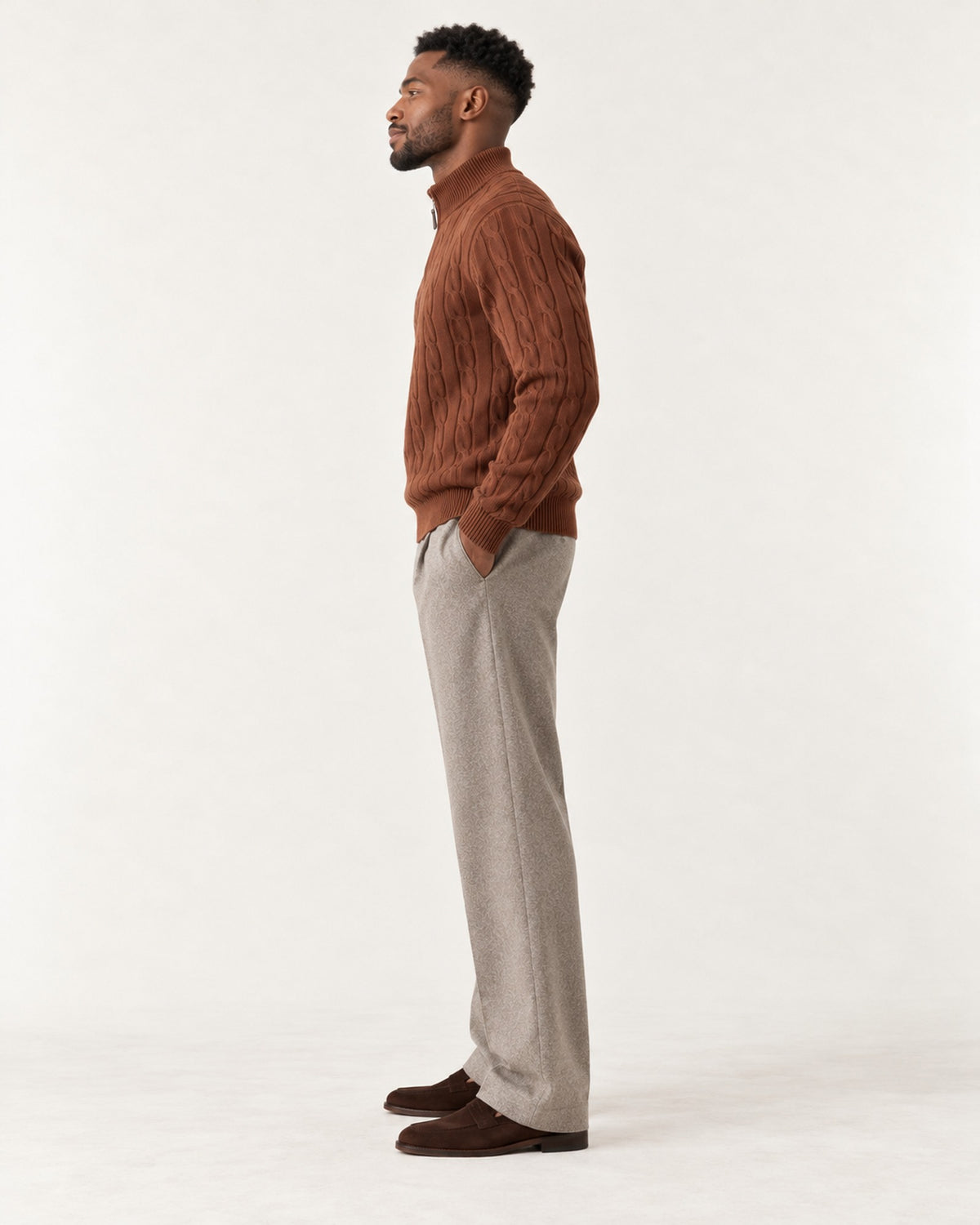 Mistral Cable Quarter-Zip in Cognac – on model, side view