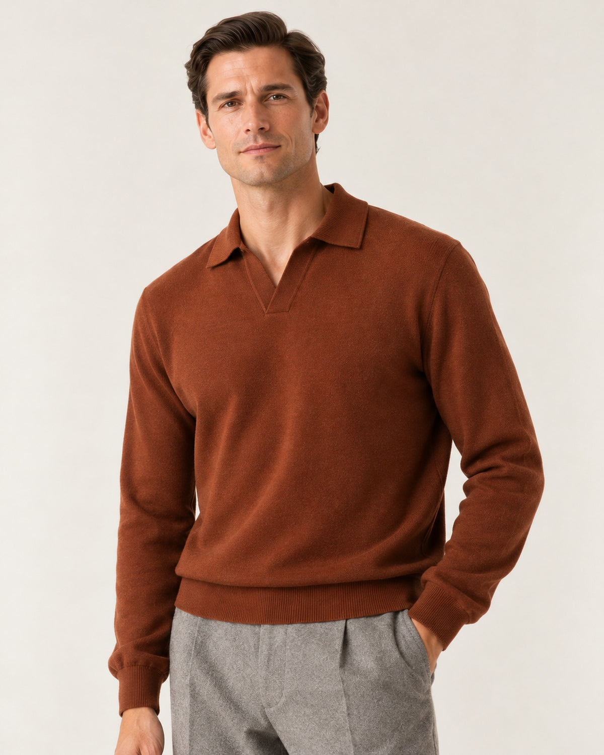 Promenade Knit Polo in Caramel – on model, close-up