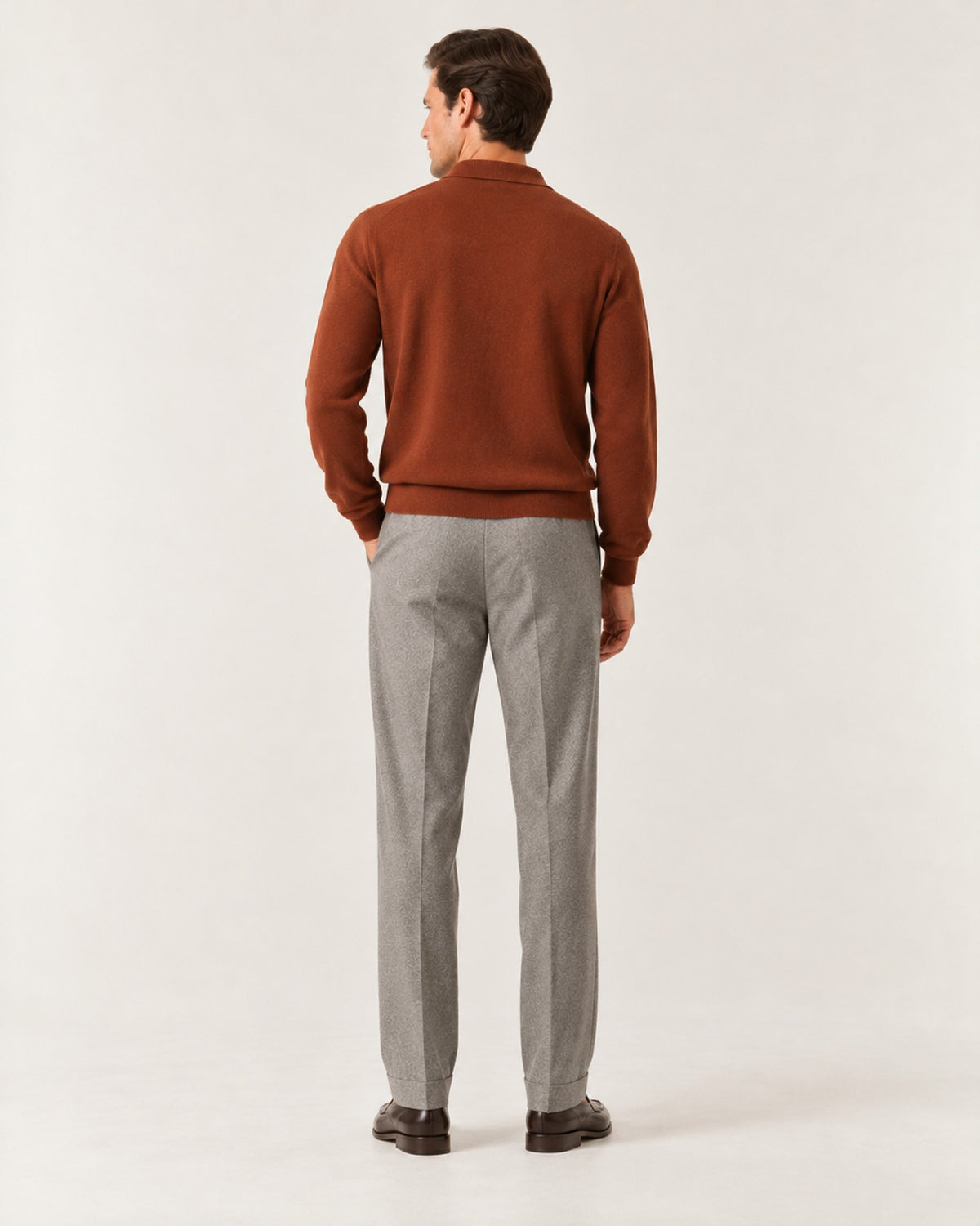 Promenade Knit Polo in Caramel – on model, back view