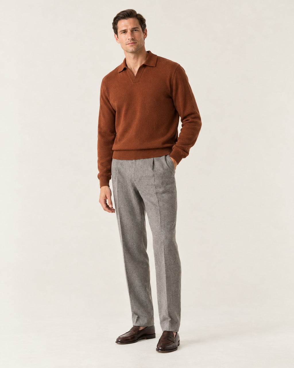 Promenade Knit Polo in Caramel – on model