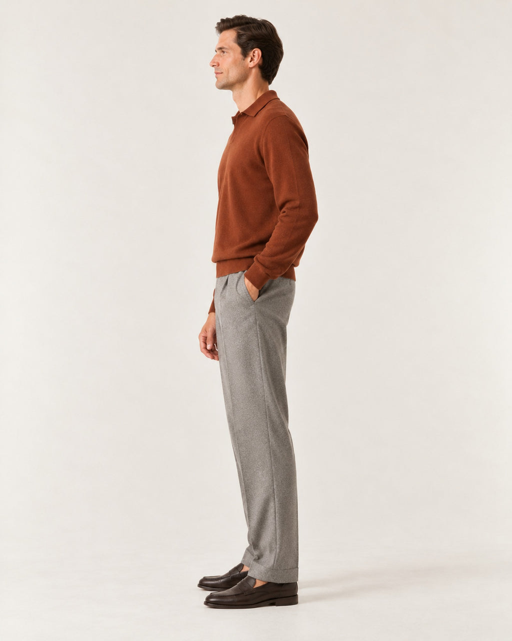 Promenade Knit Polo in Caramel – on model, side view