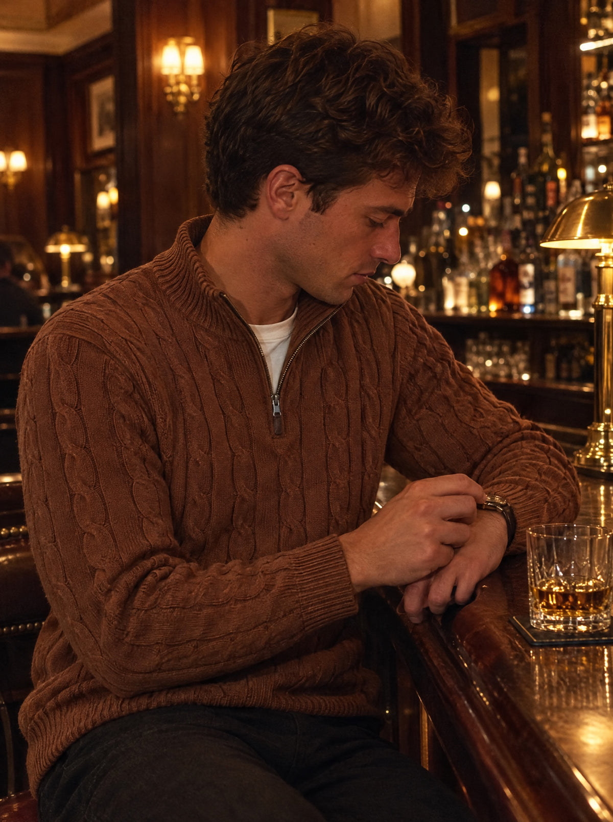 Mistral Cable Quarter-Zip worn at an old hotel bar