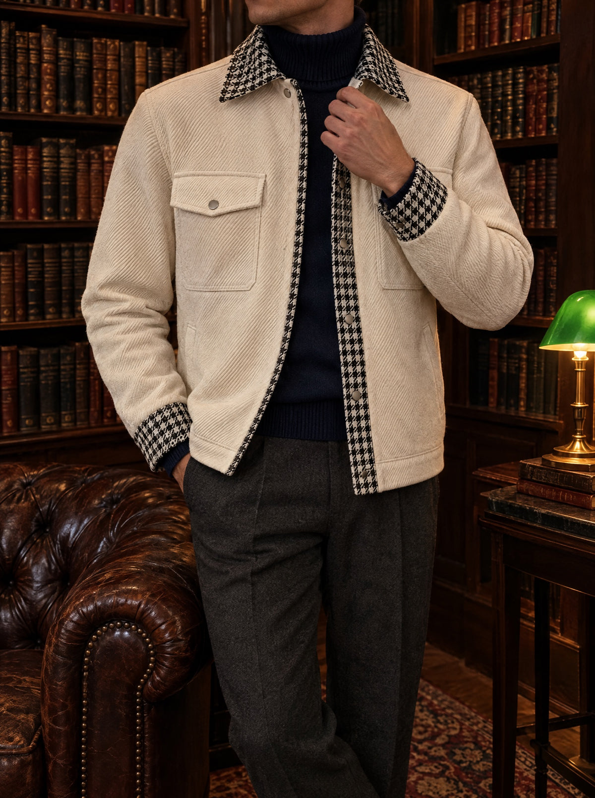 Train Bleu Jacket over the Roquebrune Turtleneck in a library