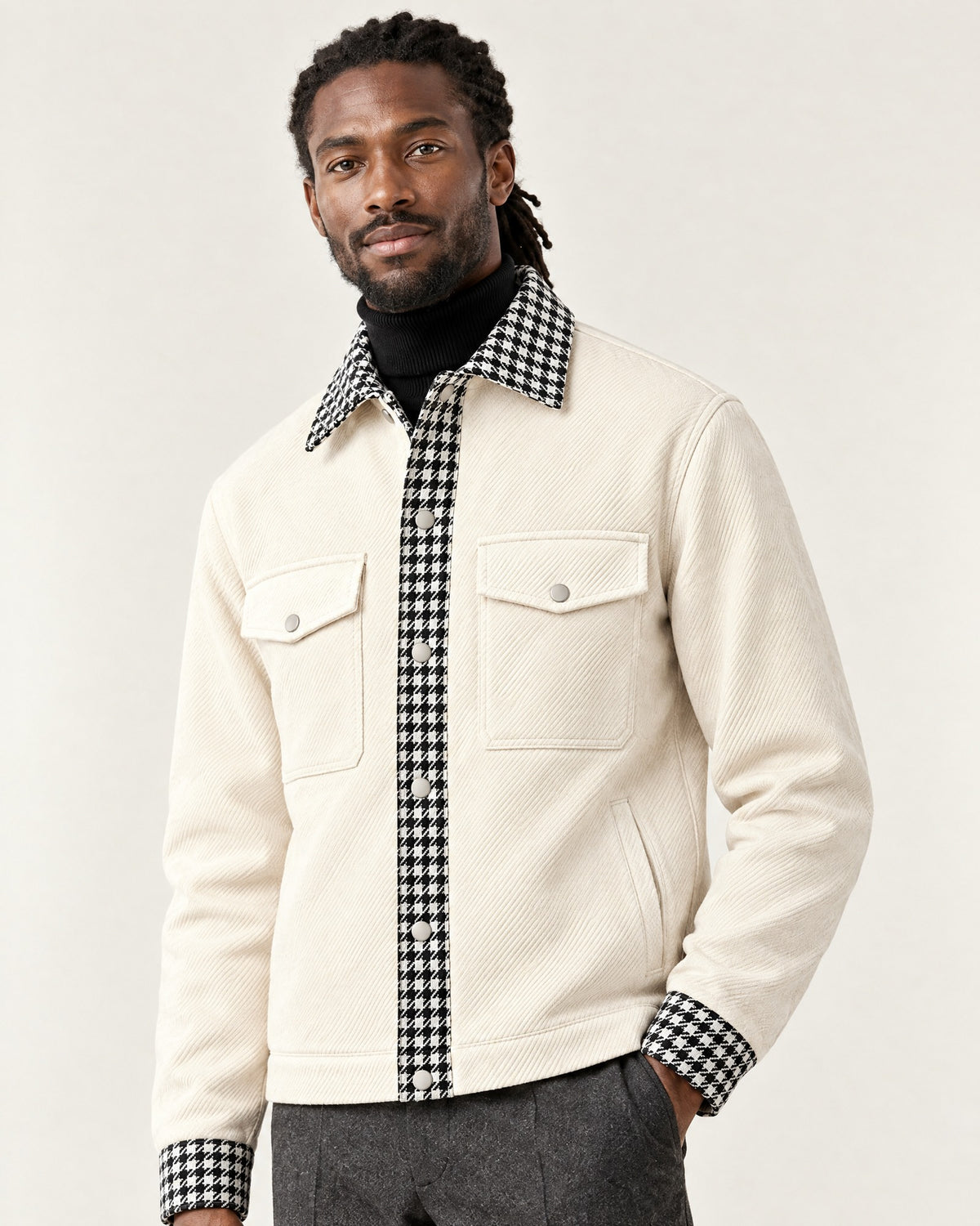 Train Bleu Houndstooth Jacket in Ivory – on model, close-up