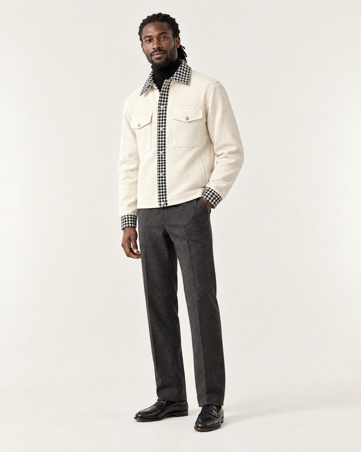 Train Bleu Houndstooth Jacket in Ivory – on model