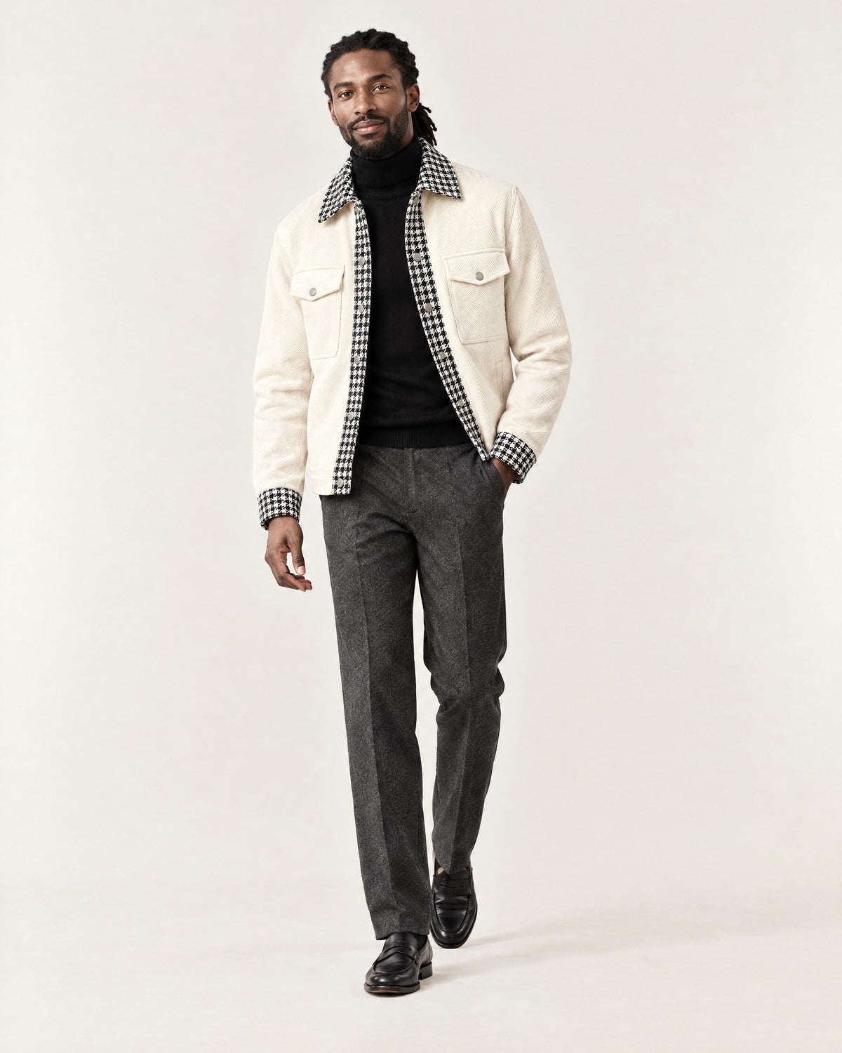 Train Bleu Houndstooth Jacket in Ivory – on model, worn open