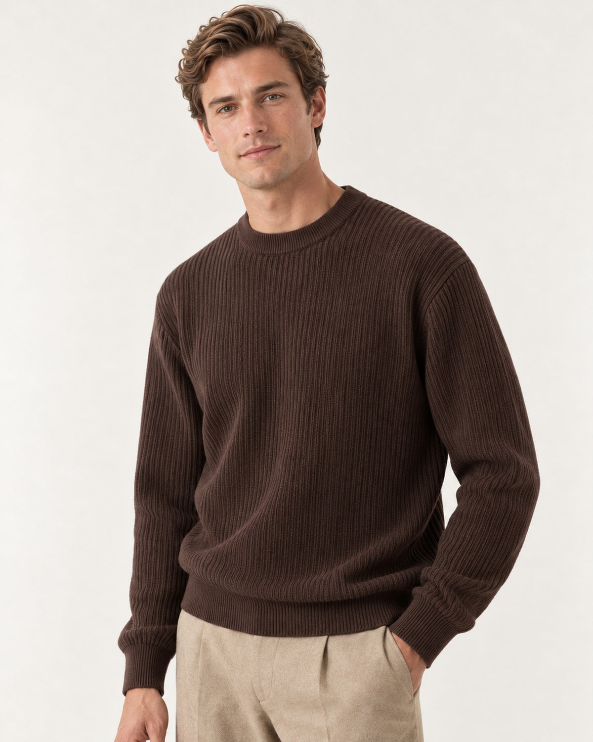 Tramontane Ribbed Sweater in Chocolate – on model, close-up