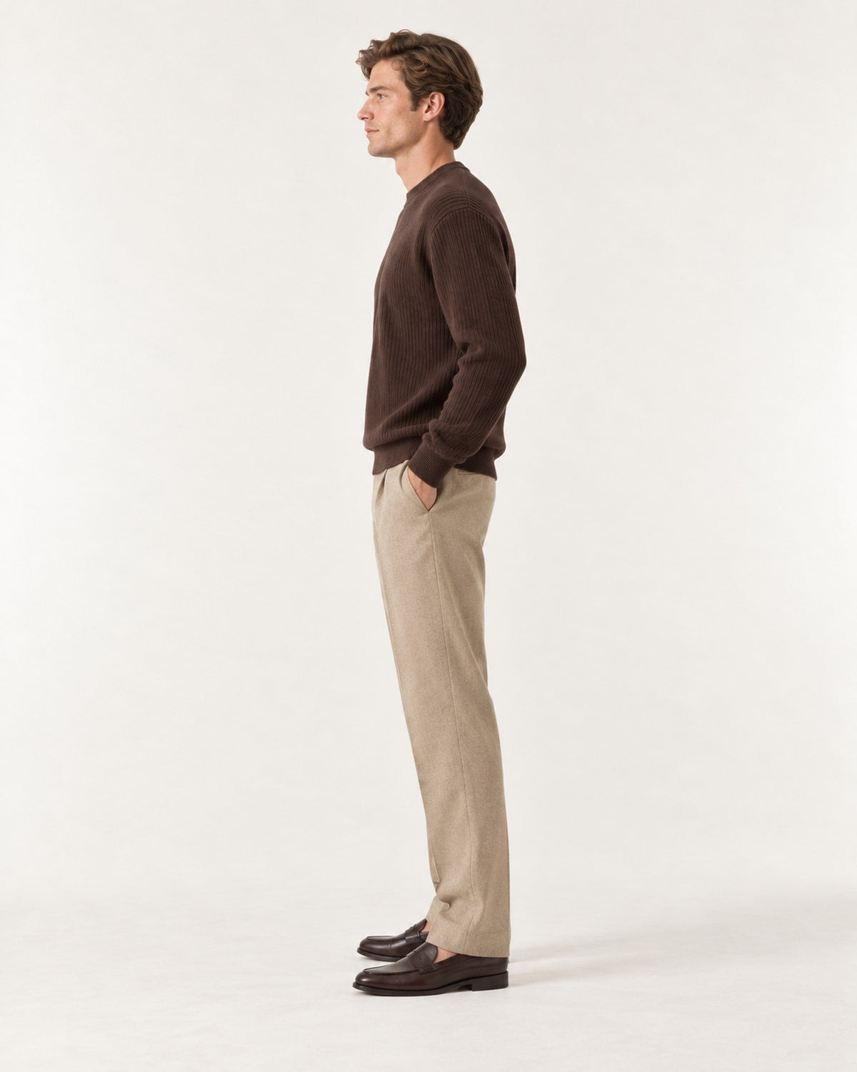Tramontane Ribbed Sweater in Chocolate – on model, side view