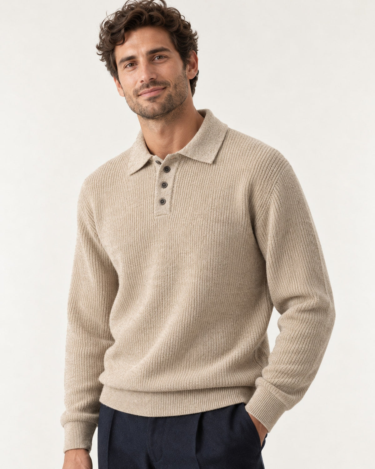 Villefranche Ribbed Knit Polo in Oat – on model, close-up