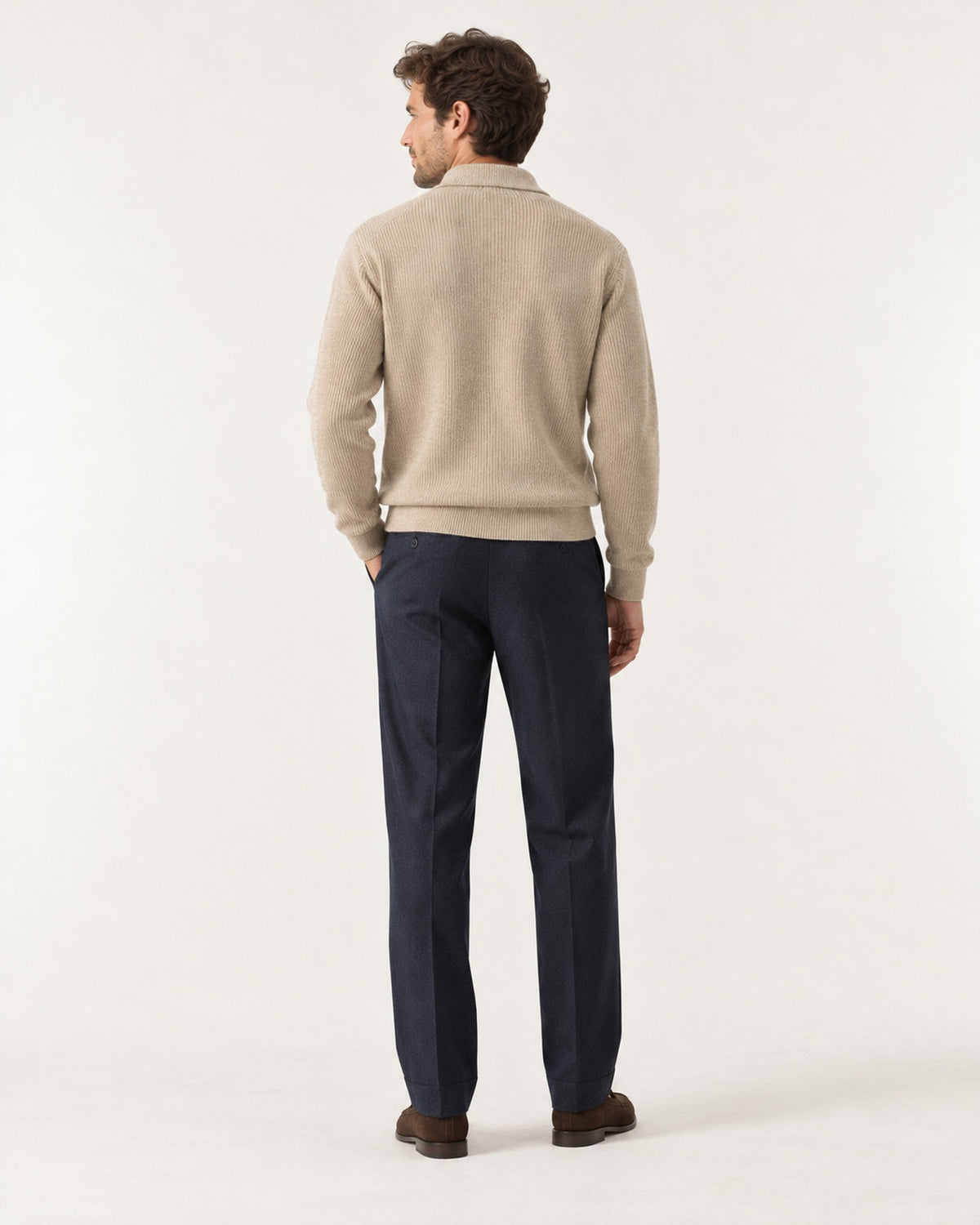 Villefranche Ribbed Knit Polo in Oat – on model, back view