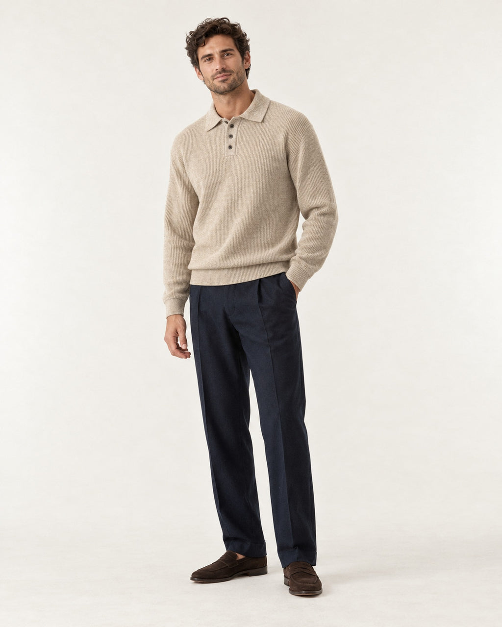 Villefranche Ribbed Knit Polo in Oat – on model