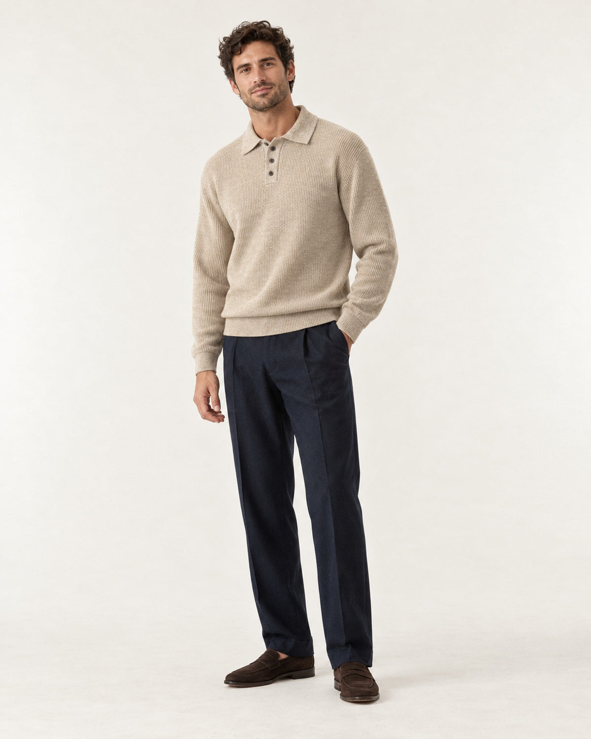 Villefranche Ribbed Knit Polo in Oat – on model