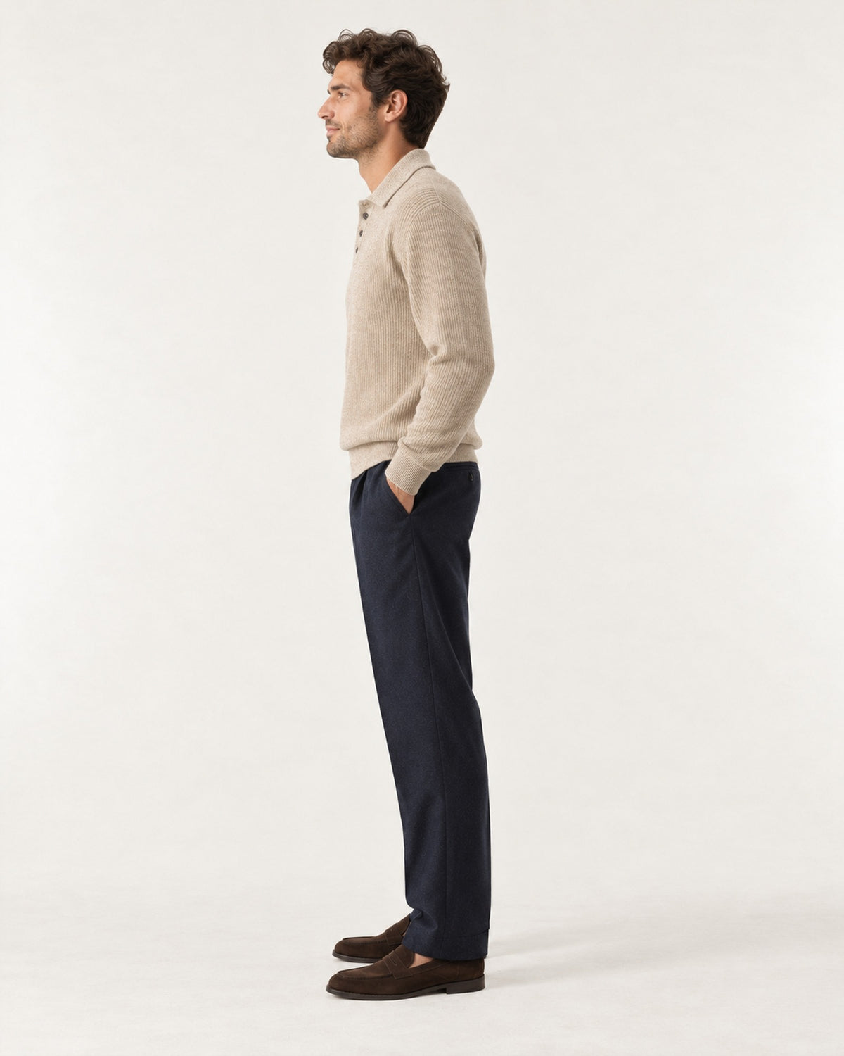 Villefranche Ribbed Knit Polo in Oat – on model, side view